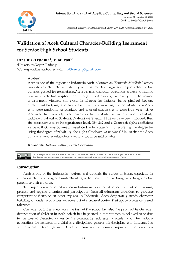 (PDF) Validation of Aceh Cultural Character-Building Instrument for ...