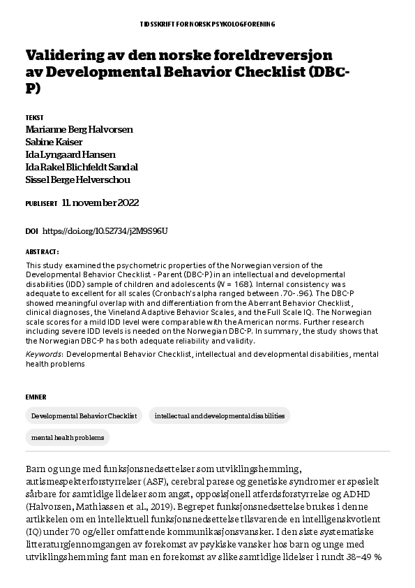 (PDF) Validation of the Norwegian version of the Developmental Behavior ...