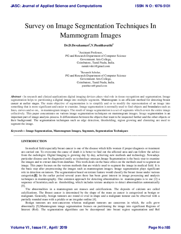 (PDF) Survey on Image Segmentation Techniques In Mammogram Images