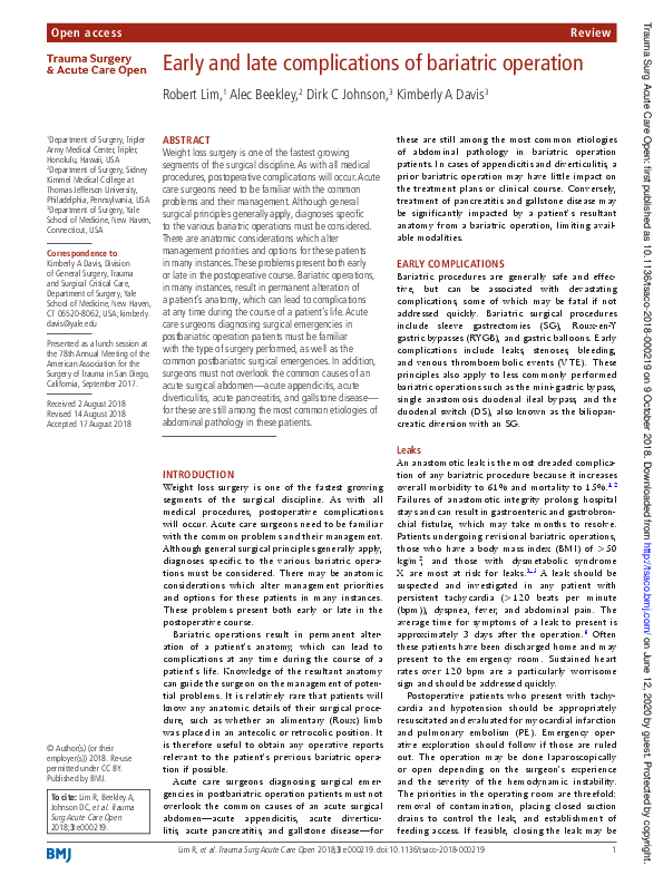 (PDF) Early and late complications of bariatric operation