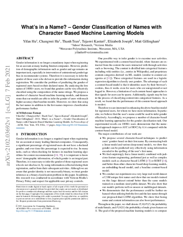 (PDF) What's in a Name? -- Gender Classification of Names with ...