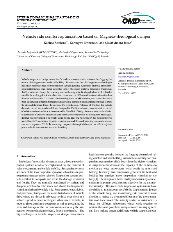 (PDF) Vehicle ride comfort optimization based on Magneto-rheological damper