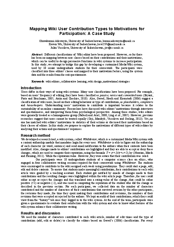 (PDF) Mapping Wiki User Contribution Types to Motivations for ...