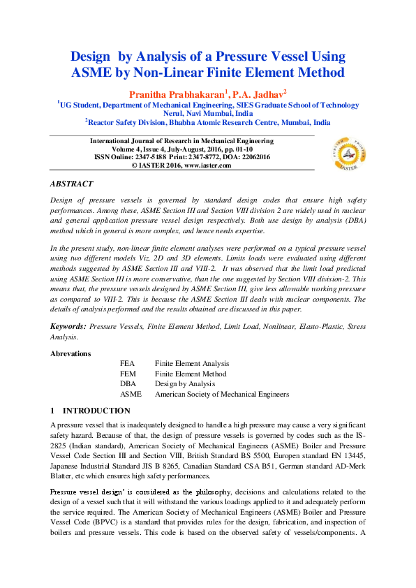 (PDF) Design by Analysis of a Pressure Vessel Using ASME by Non-Linear ...