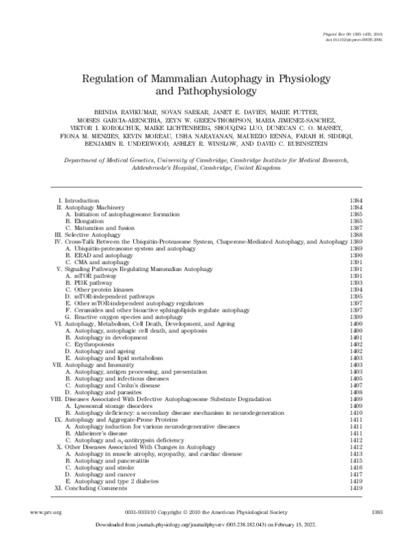 (PDF) Regulation of Mammalian Autophagy in Physiology and Pathophysiology
