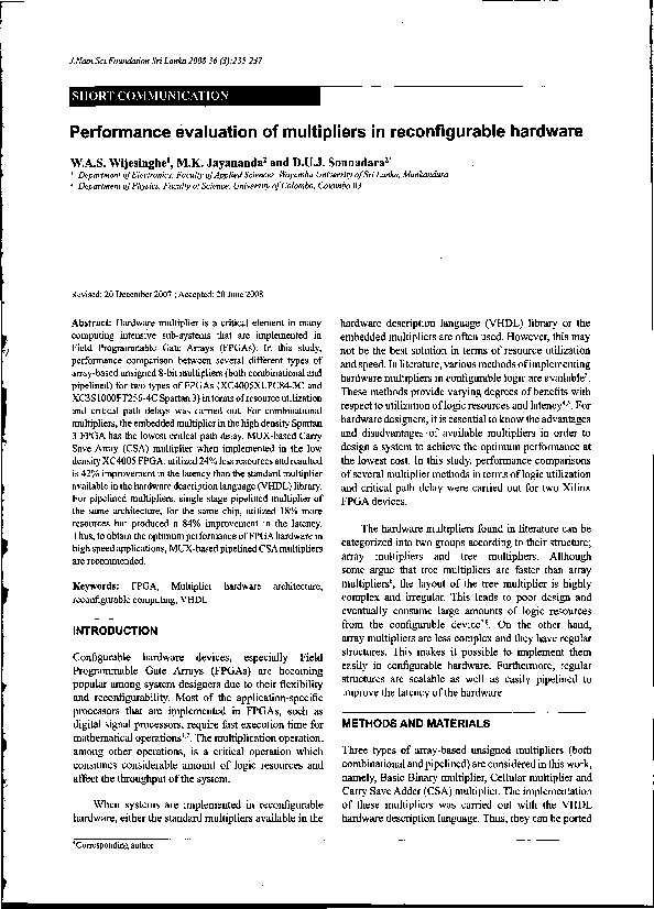 (PDF) Performance evaluation of multipliers in reconfigurable hardware