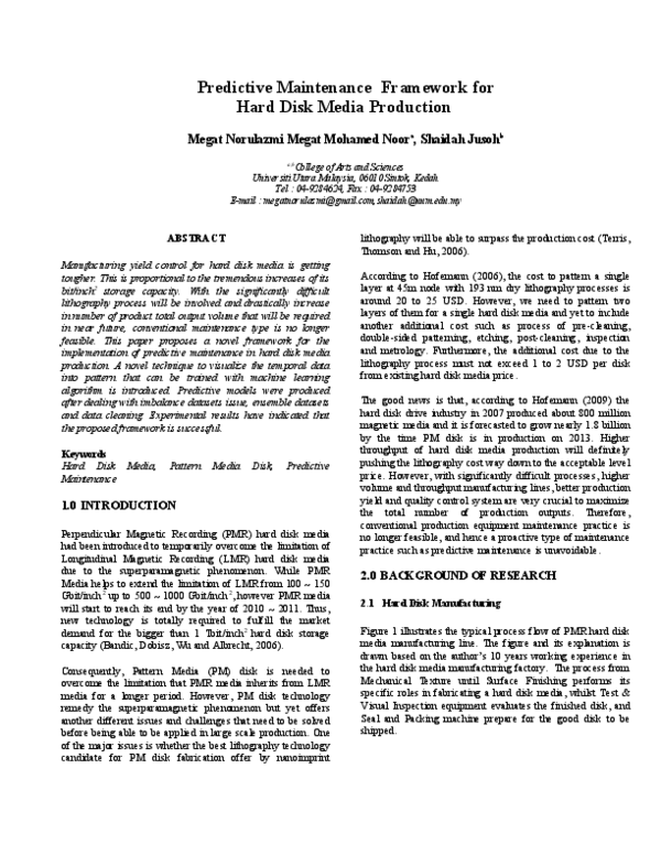 (PDF) Predictive Maintenance Framework for Hard Disk Media Production