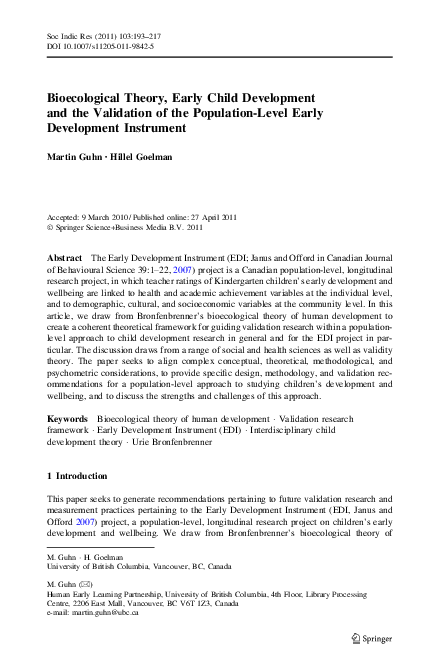 (PDF) Bioecological Theory, Early Child Development and the Validation ...