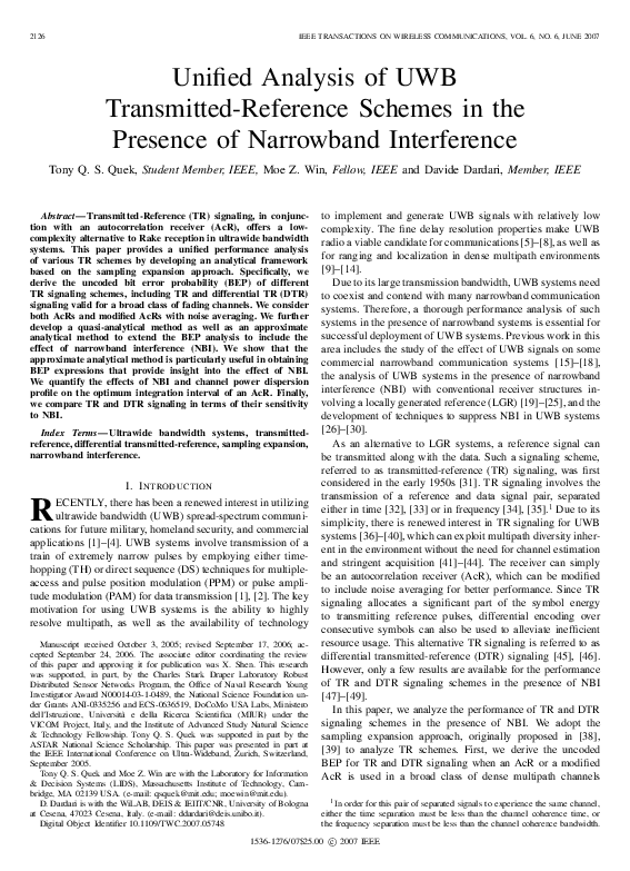 (PDF) Unified Analysis of UWB Transmitted-Reference Schemes in the ...