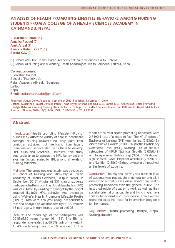 (PDF) Analysis of Health Promoting Lifestyle Behaviors among Nursing ...