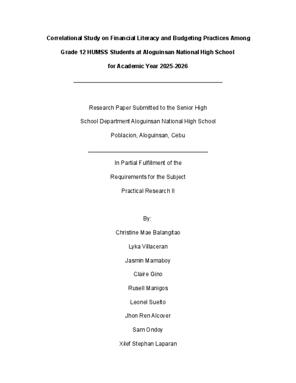 (PDF) Correlational Study on Financial Literacy and Budgeting Practices ...