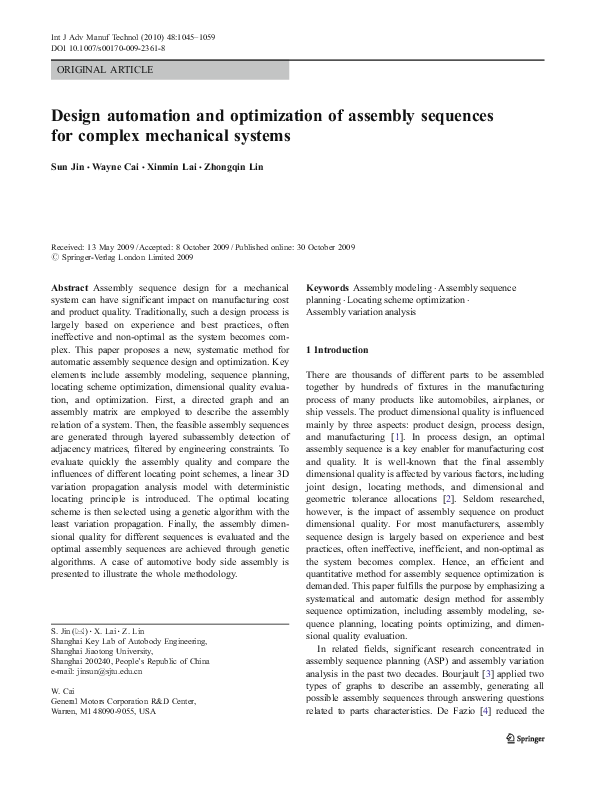 (PDF) Design automation and optimization of assembly sequences for ...