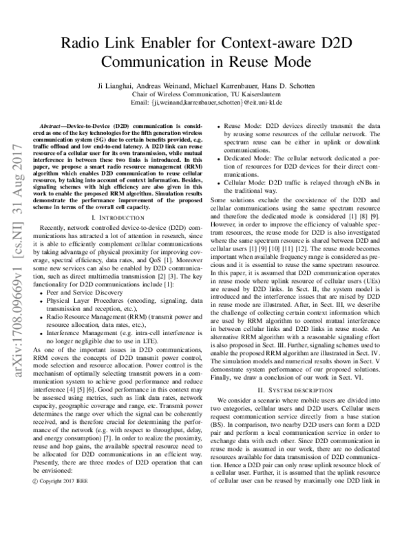 (PDF) Radio Link Enabler for Context-aware D2D Communication in Reuse Mode