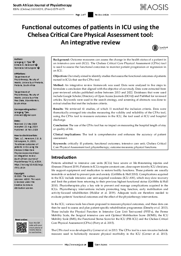 (PDF) Functional outcomes of patients in ICU using the Chelsea Critical ...