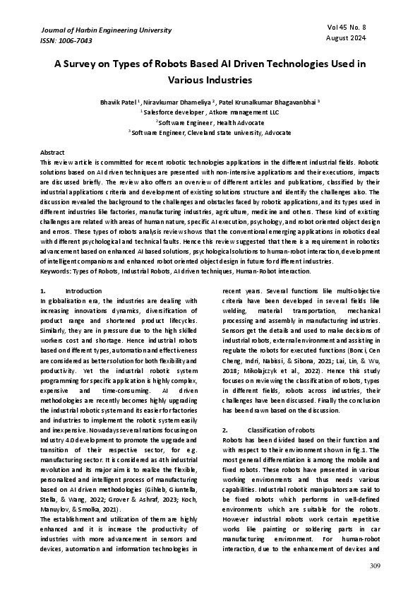 (PDF) A Survey on Types of Robots Based AI Driven Technologies Used in ...