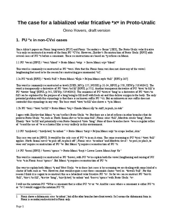 (PDF) The case for a labialized velar fricative *xʷ in Proto-Uralic ...