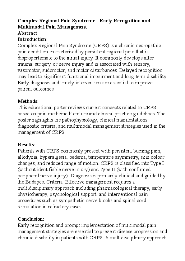 (PDF) Complex Regional Pain Syndrome : Early Recognition and Multimodal ...