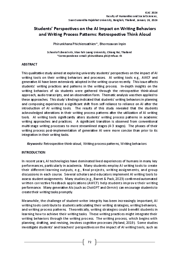 (PDF) Students' Perspectives on the AI Impact on Writing Behaviors and ...