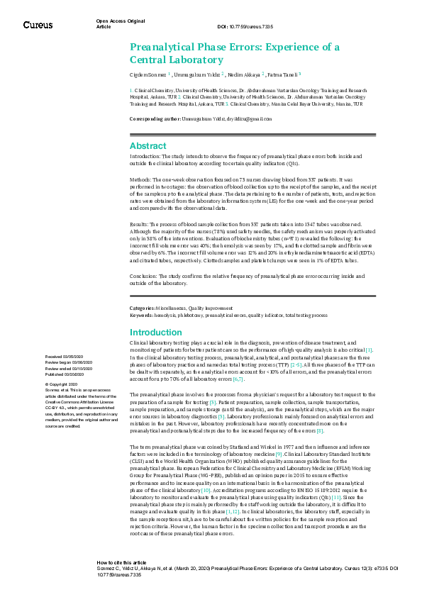 (PDF) Preanalytical Phase Errors: Experience of a Central Laboratory