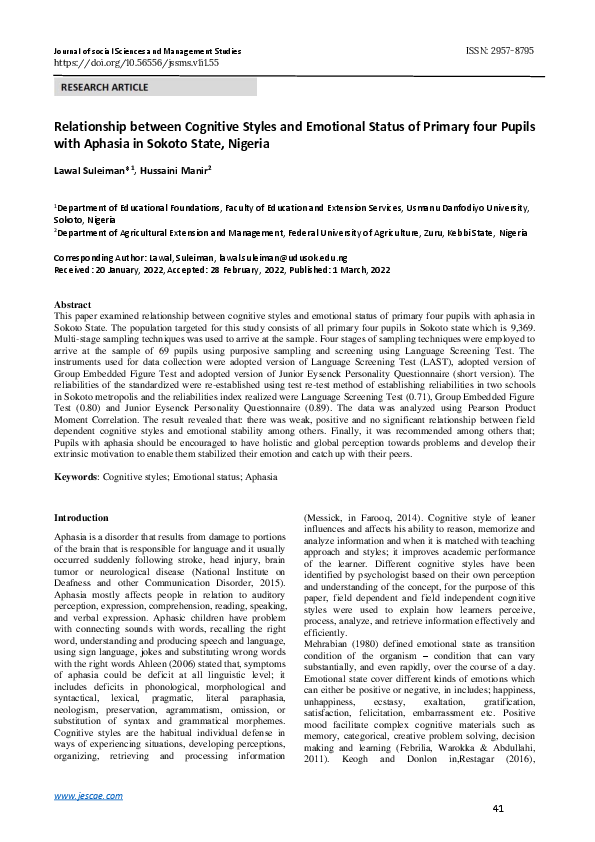 (PDF) Relationship between Cognitive Styles and Emotional Status of ...