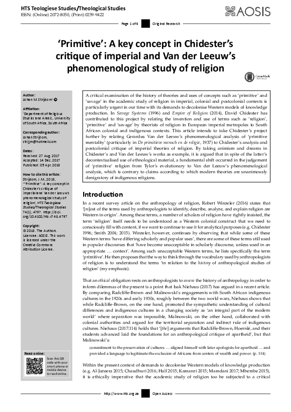 (PDF) ‘Primitive’: A key concept in Chidester’s critique of imperial ...