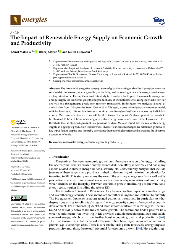 (PDF) The Impact of Renewable Energy Supply on Economic Growth and ...