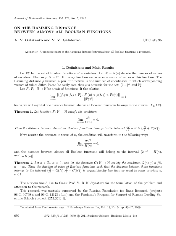 (PDF) On the Hamming distance between almost all Boolean functions