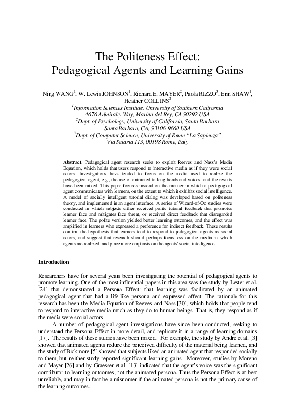 (PDF) The politeness effect: Pedagogical agents and learning outcomes