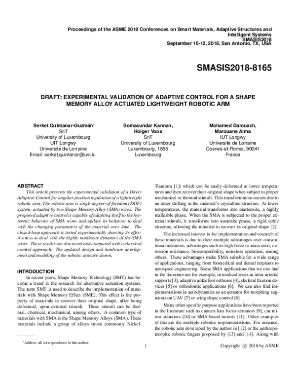 (PDF) Experimental Validation of Adaptive Control for a Shape Memory ...