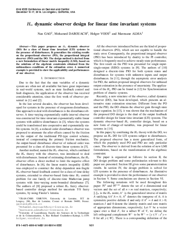 (PDF) H-infinity dynamic observer design for linear time invariant systems
