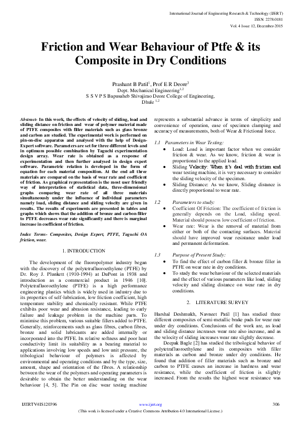 (PDF) Friction and Wear Behaviour of Ptfe its Composite in Dry Conditions