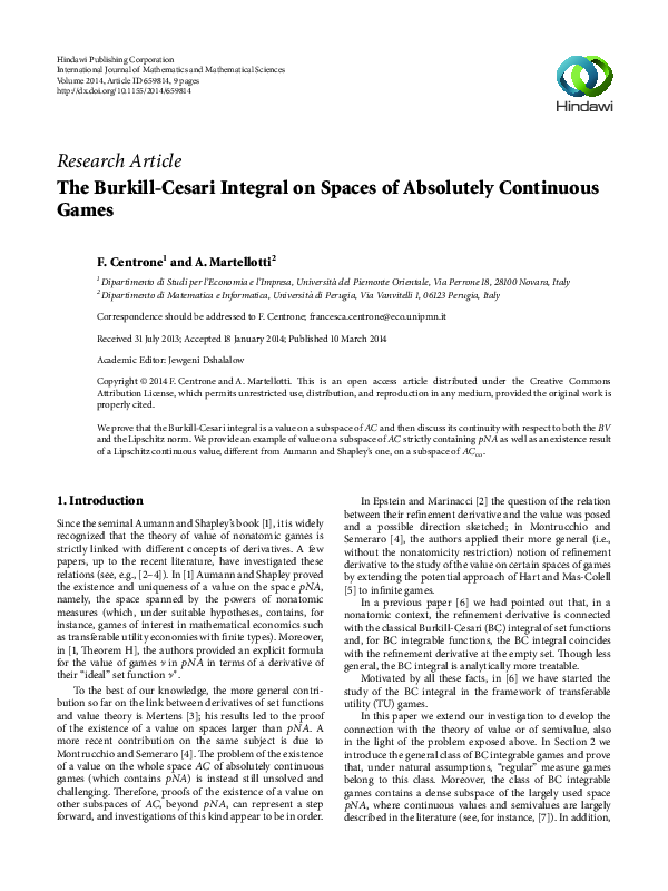 (PDF) The Burkill-Cesari Integral on Spaces of Absolutely Continuous Games