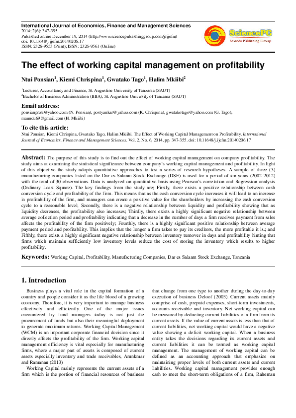 (PDF) The Effect of Working Capital Management on Profitability