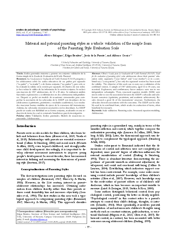 (PDF) Maternal and paternal parenting styles as a whole: validation of ...