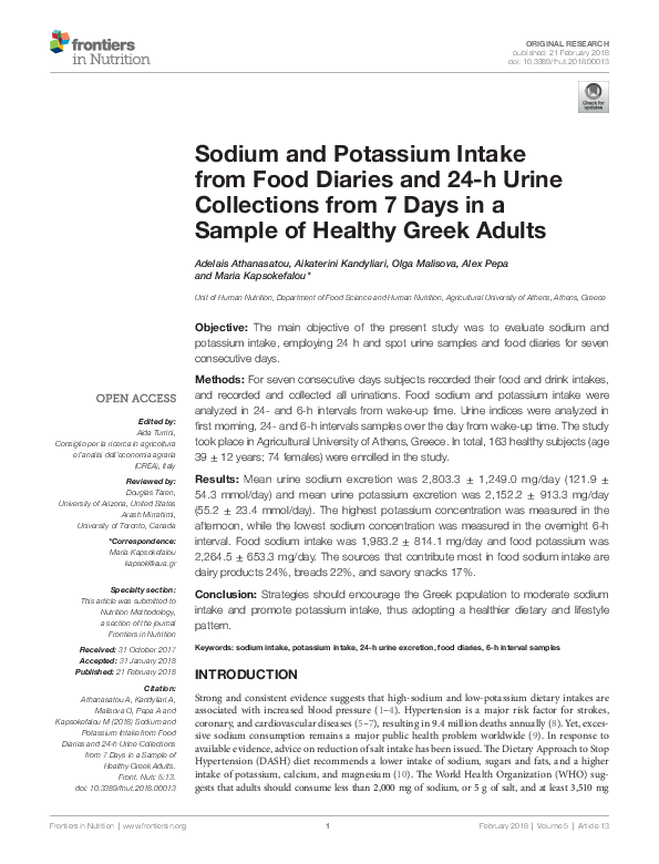 (PDF) Sodium and Potassium Intake from Food Diaries and 24-h Urine ...