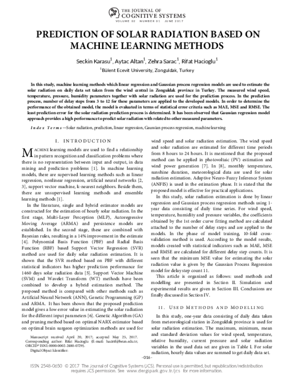 (PDF) Prediction of Solar Radiation Based on Machine Learning Methods