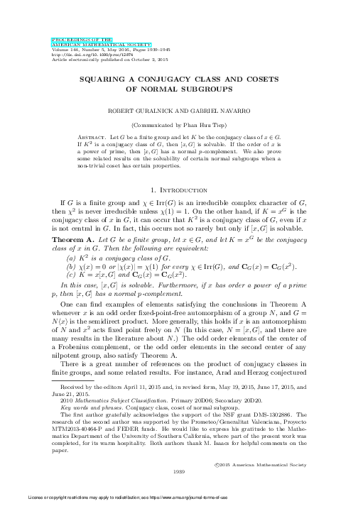 (PDF) Squaring a conjugacy class and cosets of normal subgroups
