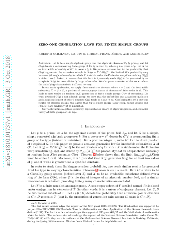 (PDF) Zero-one generation laws for finite simple groups