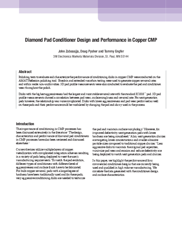 (PDF) Diamond Pad Conditioner Design and Performance in Copper CMP