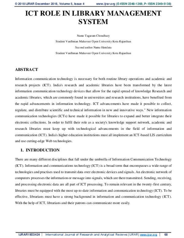(PDF) ICT ROLE IN LIBRARY MANAGEMENT SYSTEM