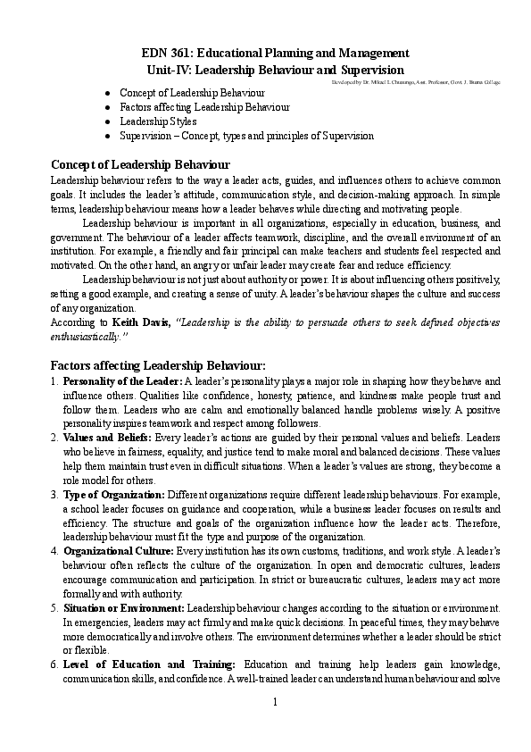 (PDF) EDN 361: Educational Planning and Management Unit-IV: Leadership ...
