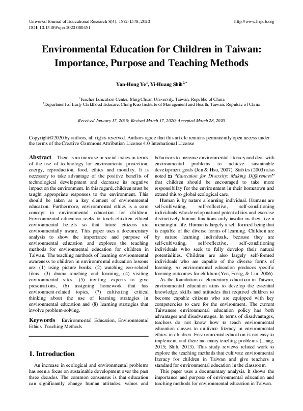 (PDF) Environmental Education for Children in Taiwan: Importance ...