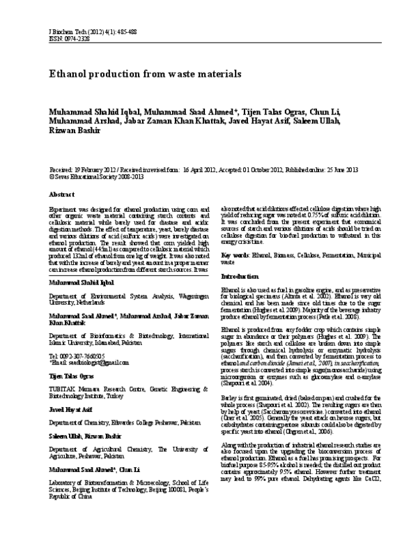 (PDF) Ethanol production from waste materials