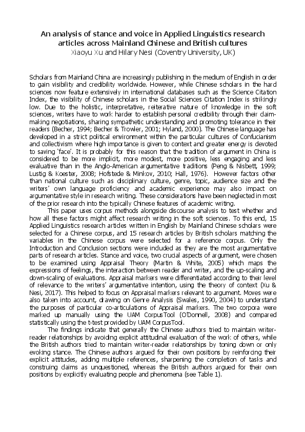 (PDF) An analysis of stance and voice in Applied Linguistics research ...