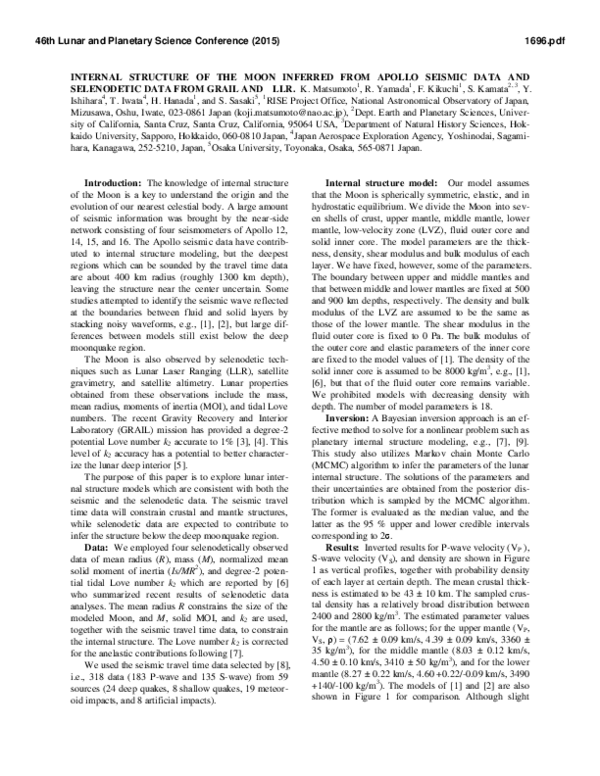 (PDF) Internal structure of the Moon inferred from Apollo seismic data ...
