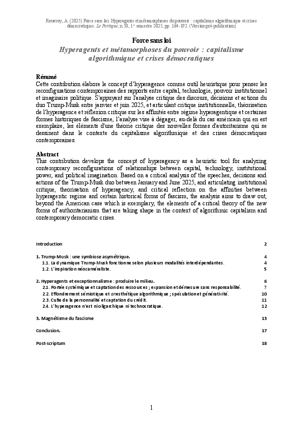 (PDF) Force sans loi. Hyperagents et métamorphoses du pouvoir ...