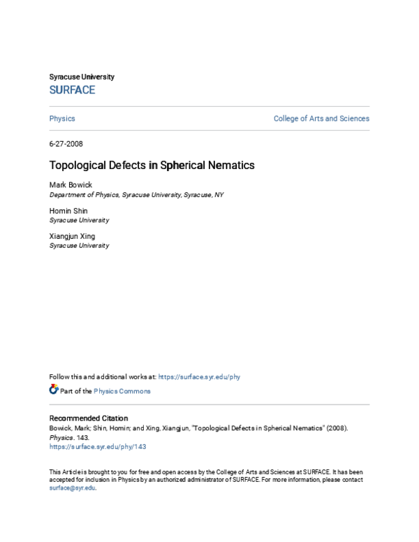 (PDF) Topological Defects in Spherical Nematics