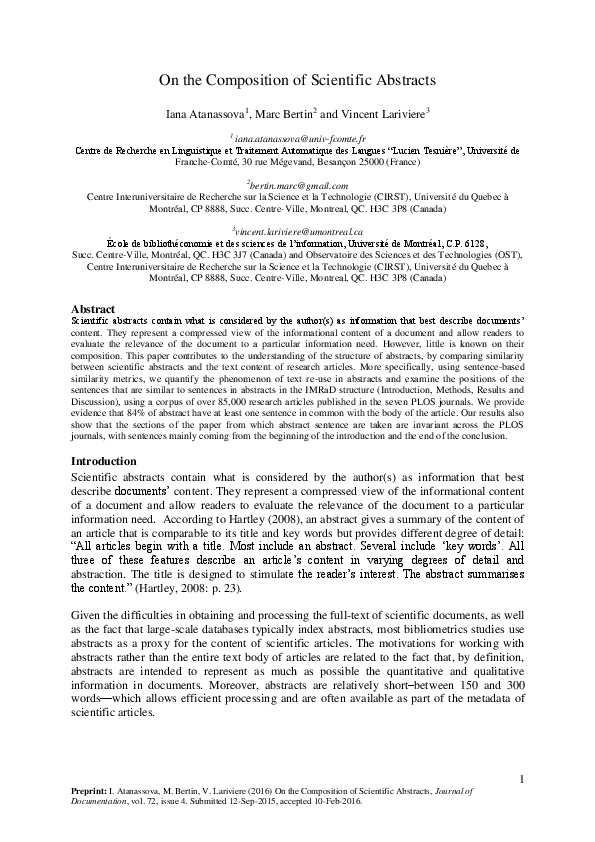 (PDF) On the composition of scientific abstracts