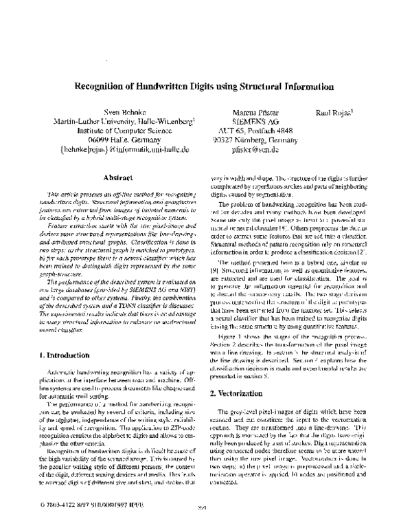 (PDF) Recognition of handwritten digits using structural information