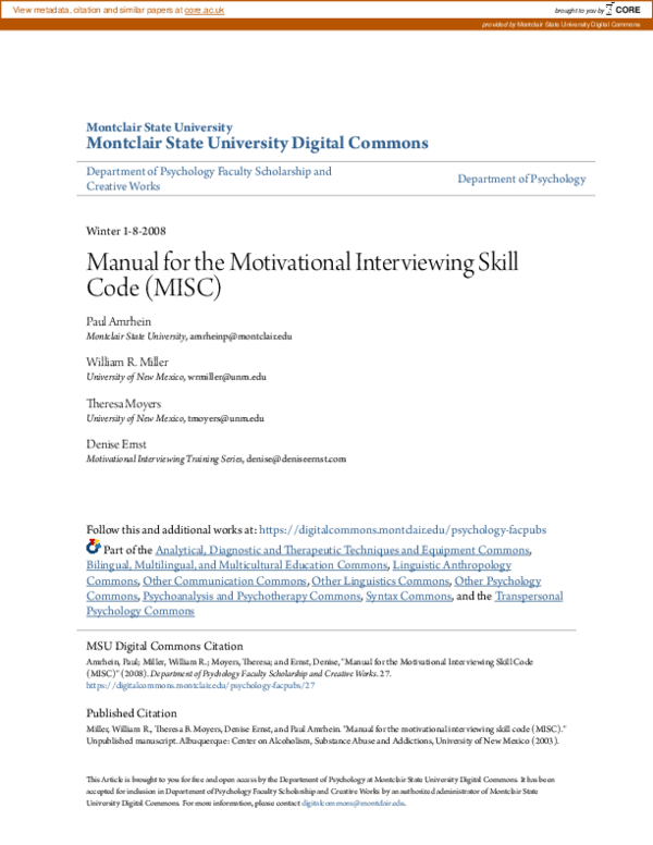 (PDF) Manual for the Motivational Interviewing Skill Code (MISC ...